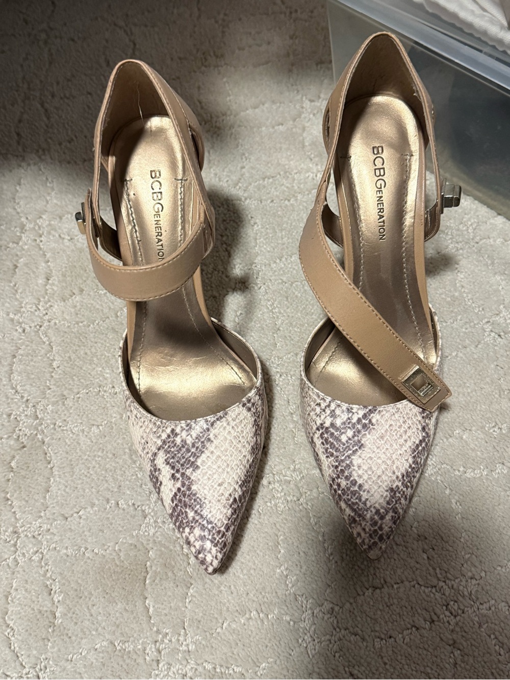 BCBGeneration Beige Snake-Print Pointed Toe Heels with Tan Straps